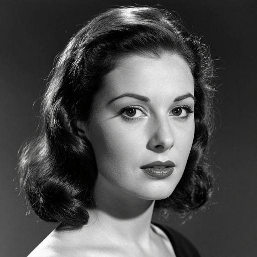 Black-and-white photograph of a 1940s-style woman with wavy, shoulder-length hair, dark lipstick, and a poised expression against a dark
