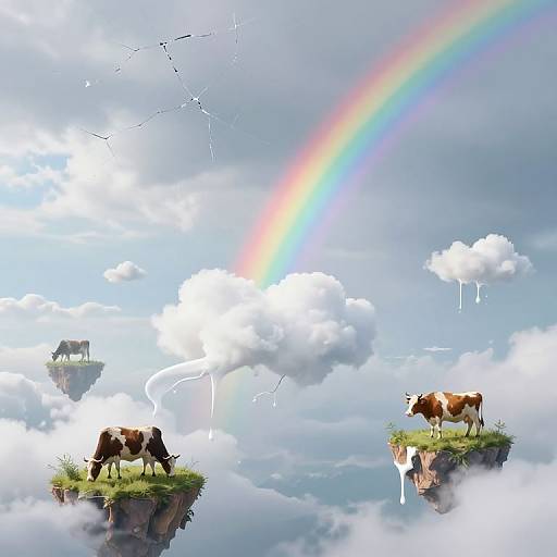 Digital art: Two brown cows on grassy cliffs, one on left, one on right, with a vibrant rainbow, birds, clouds, and a