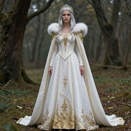 Photograph of a pale-skinned woman with long white hair, wearing an ornate white gown with gold embroidery, fur-trimmed cape, and
