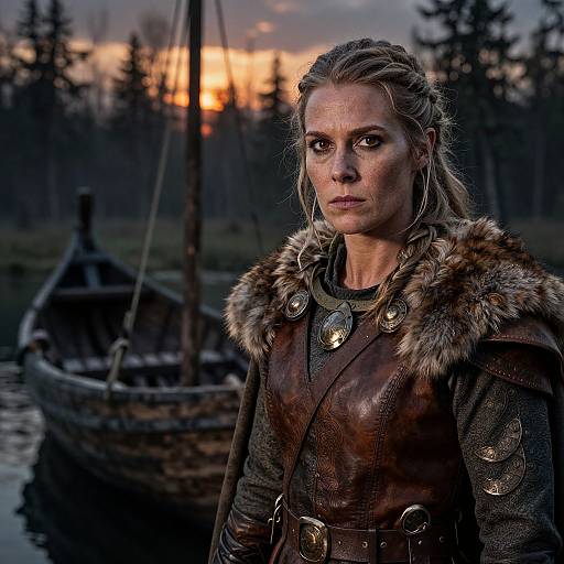 Photograph of a serious, blonde-haired woman in medieval Viking attire with fur-trimmed leather armor, standing by a sunset-lit wooden boat in
