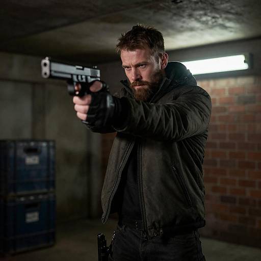 Bearded Man Aiming Gun in Tunnel