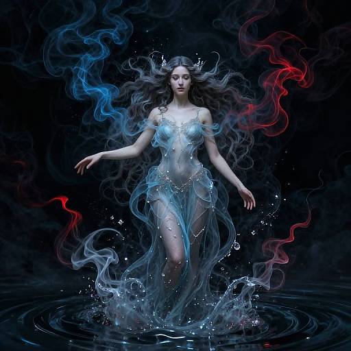 Digital artwork of a fair-skinned, long-haired woman emerging from water, surrounded by blue and red ethereal smoke, with splashing water droplets
