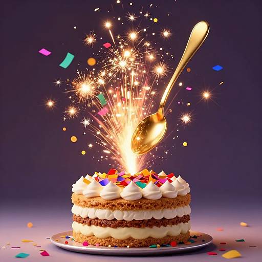 Photograph of a sparkler-lit, two-layer cake with white frosting, colorful confetti, and a golden spoon exploding from the top against a