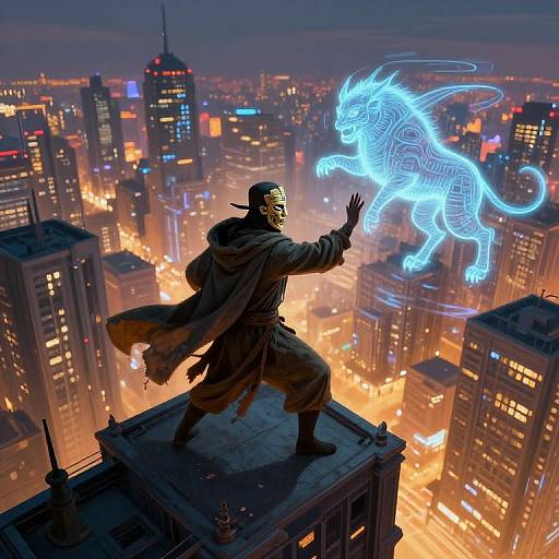 Comic-style digital art: Masked superhero on rooftop summons glowing blue dragon, cityscape with bright lights and towering skyscrapers at night.