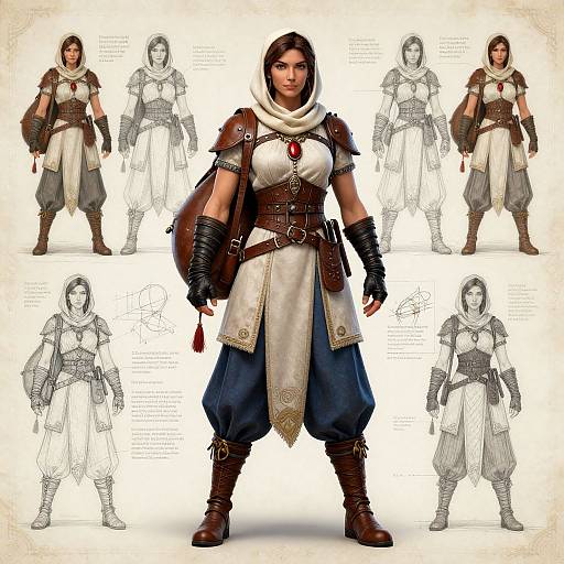 Digital concept art of a strong, brown-skinned woman in detailed medieval fantasy armor with white hood, blue pants, brown boots, and red gem,