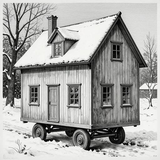 Black-and-white digital drawing of a small, wooden house on wheels with a snow-covered roof, situated in a snowy, leafless forest.