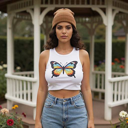 Photograph of a dark-haired woman with medium skin, wearing a brown beanie, white crop tank top with orange butterfly design, and high-wa