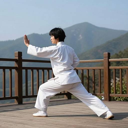 Photograph of an Asian man in white martial arts uniform performing a tai chi stance on a wooden deck with mountainous background.
