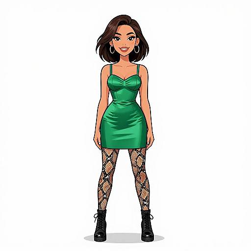 Digital illustration of a confident woman with fair skin, black shoulder-length hair, wearing a green satin dress, black fishnet stockings, and black high-he
