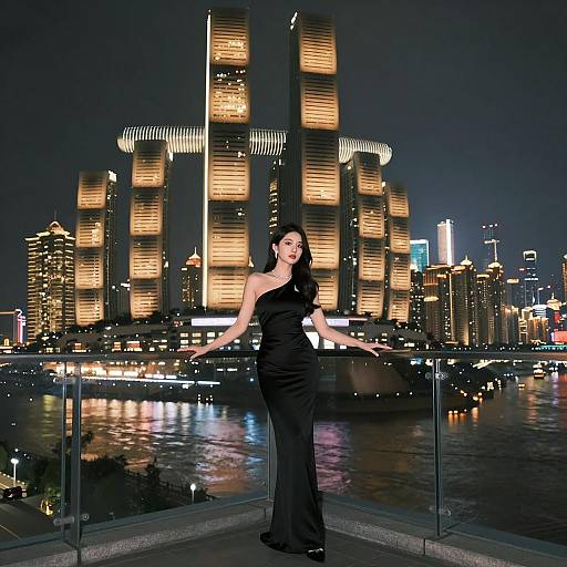 Elegant Woman on Balcony Overlooking Futuristic Cityscape at Night