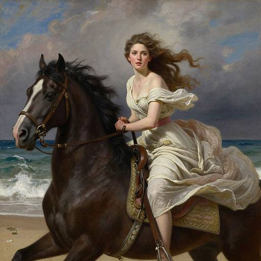 Neoclassical painting of a fair-skinned, brown-haired woman in a white, flowing dress riding a black horse on a stormy beach.