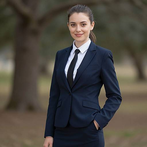 Photograph of a confident, smiling woman with fair skin and dark hair in a black suit, white shirt, and black tie, standing outdoors with blurred