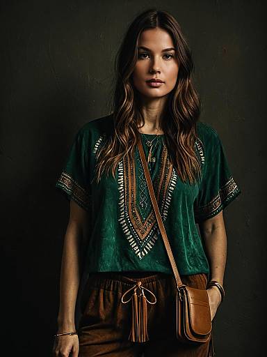 Bohemian Woman in Taupe Ethnic Top and Brown Pants