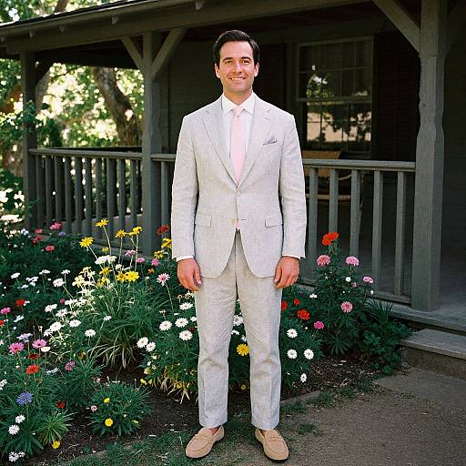 Photograph of a smiling man in a white suit, pink tie, and beige shoes, standing in front of a wooden porch with colorful flower garden.