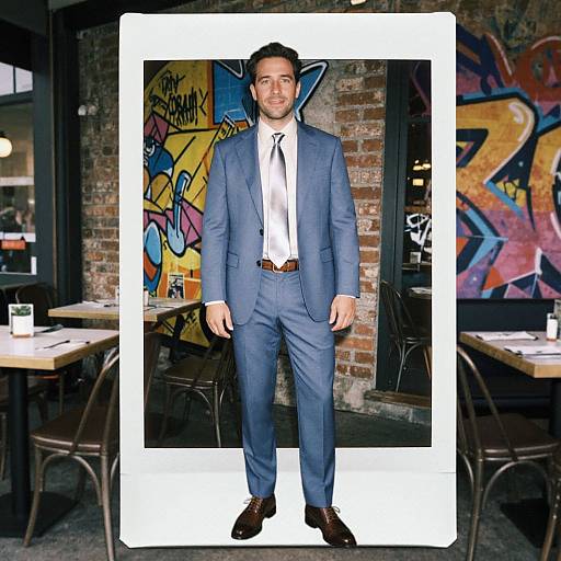 Photograph of a smiling man in a light blue suit, white shirt, black tie, brown shoes, standing in a graffiti-decorated, brick