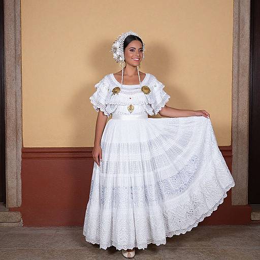 Photograph of a smiling woman with dark skin, wearing a white lace dress, floral headpiece, and pearl necklace, standing against a beige wall with