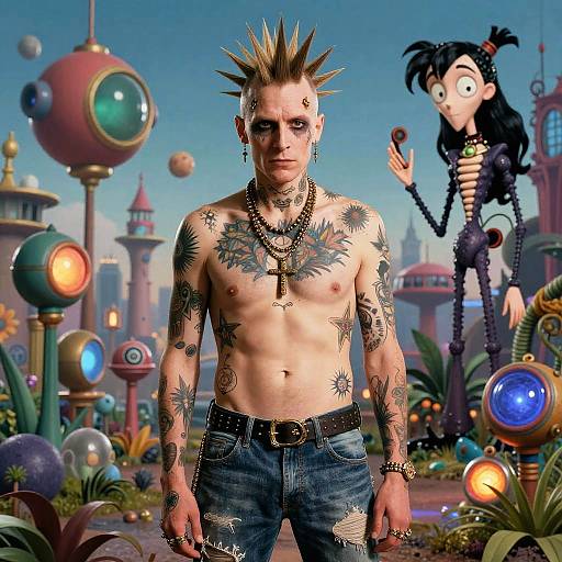 Punk Rebel with Tattoos in Retro Sci-Fi Landscape