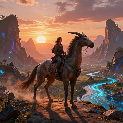 Fantasy sunset scene: Silhouetted rider on a brown, horned horse stands on rocky terrain, overlooking a glowing river and futuristic, bi