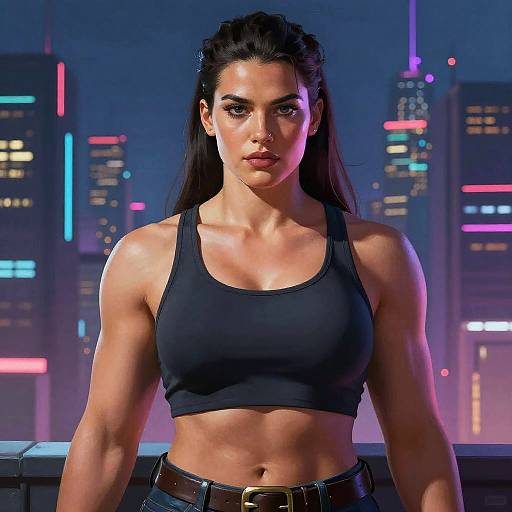 Giga Chad Woman in Cyberpunk City