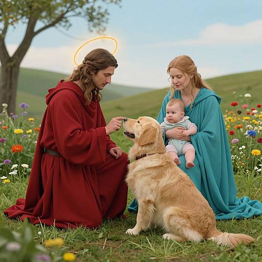 Photograph of biblical scene: Jesus in red robe, halo, kneeling, blessing golden retriever; Mary in blue robe, holding baby, seated;