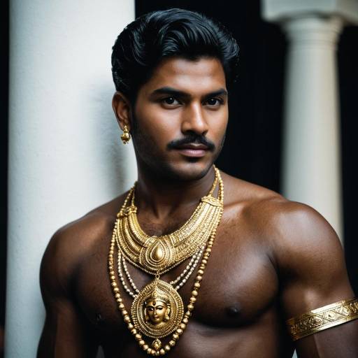 Dark-Skinned Male in Lord Murugan Costume with Gold Jewelry