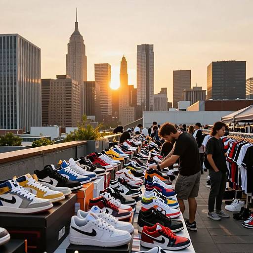 Photograph of a rooftop shoe market at sunset, with diverse men browsing vibrant sneakers and clothes, city skyline with tall buildings in the background.