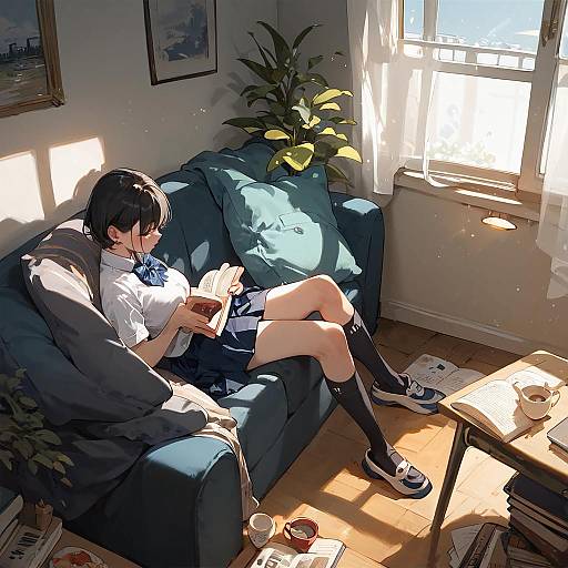 Schoolgirl Reading on Sunlit Couch