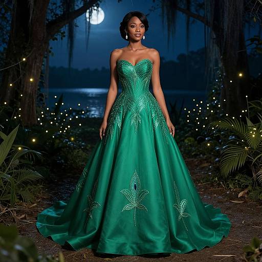 Photograph of a Black woman in a strapless, emerald green ball gown with sparkling details, standing in a moonlit forest with glowing fireflies