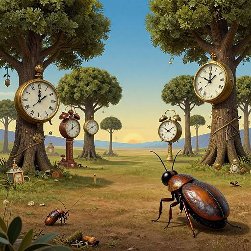 Photograph-style digital art of a surreal landscape with oversized clocks on trees, two large ants, and a sunset sky.