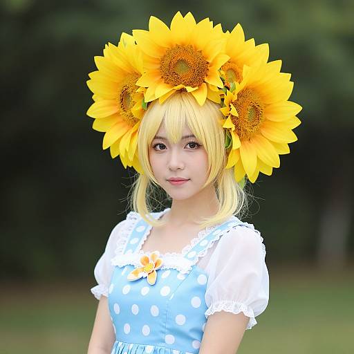 Photograph of an Asian woman with blonde hair, wearing a sunflower crown and a blue, white polka-dot dress, standing outdoors.