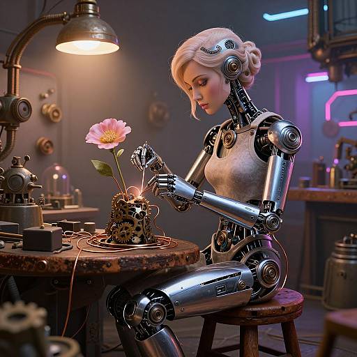 Digital artwork of a blonde, robotic woman with silver joints, tenderly planting a pink flower in a workshop, illuminated by a warm lamp.