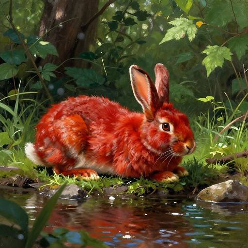 Digital painting of a vibrant red rabbit with black-tipped ears, sitting by a serene forest stream, surrounded by lush greenery.