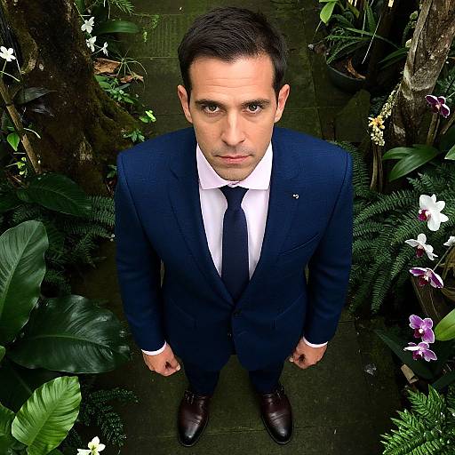 Photograph of a serious-looking man in a dark blue suit, white shirt, and black tie, standing in a lush, green garden with various flowers