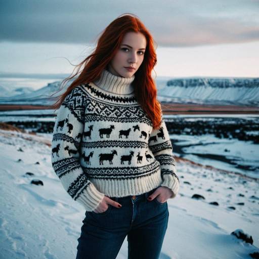 Red-haired Nordic woman in Icelandic wool sweater Red-haired Nordic woman in Icelandic wool sweater
