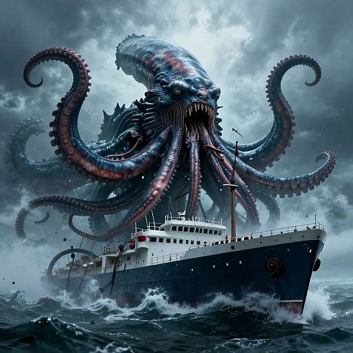 Apocalyptic Kraken Attacking Ship