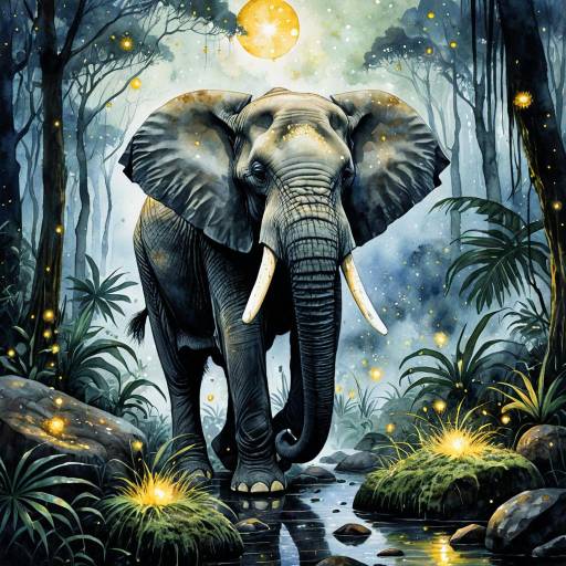 Watercolor African Elephant in Magical Jungle