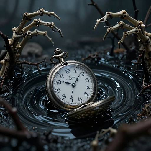 Photograph of a vintage silver pocket watch with black hands, submerged in dark, rippling water, surrounded by skeletal, claw-like branches.
