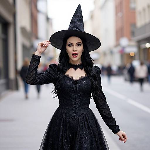 Photograph of a pale-skinned woman with long black hair, wearing a black lace dress, witch hat, and red lipstick, standing on a blurred