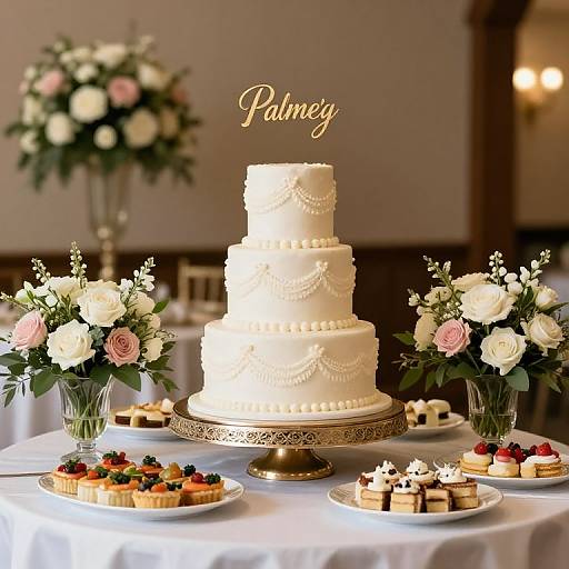 Photograph of a three-tiered, white, beaded wedding cake with 