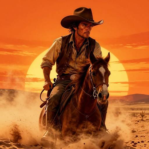 Photograph of a rugged cowboy in a brown hat and vest, riding a horse at sunset, with an orange sky and dust cloud.