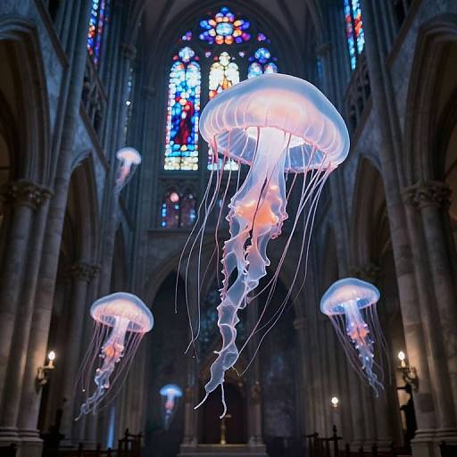 Bioluminescent Jellyfish in Haunted Cathedral