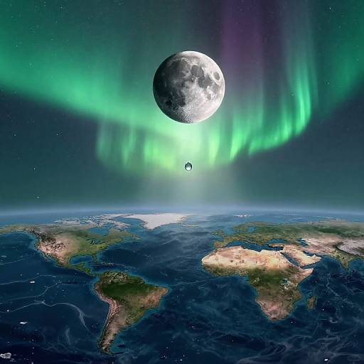 Photograph-style CGI: Full moon surrounded by green aurora borealis, hovering above Earth with visible continents, ocean, and small silhouetted