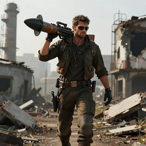 Photograph of a rugged, dark-haired man with sunglasses, wearing a tactical green jacket and pants, carrying a large rifle, walking through a ruined,