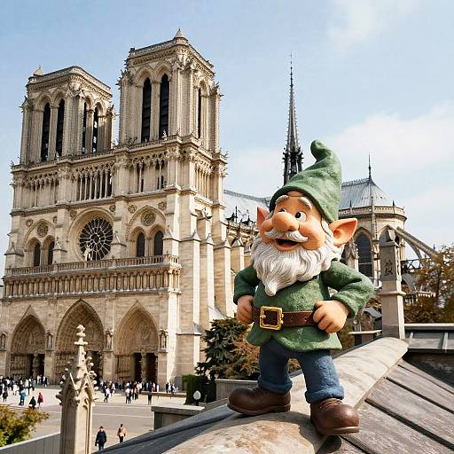 Photograph of a small, detailed gnomes statue with green hat and beard, standing on a rooftop ledge, with the iconic Notre-Dame Cathedral