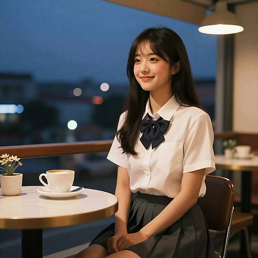 Photograph of an Asian woman with long black hair, wearing a white blouse with a black bow and pleated skirt, sitting at a cafe table during