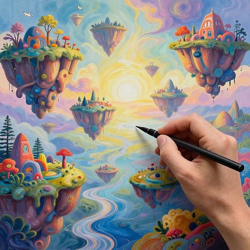 Digital painting of a hand drawing whimsical floating islands with colorful houses, mushrooms, and winding rivers in a vibrant, surreal sky.