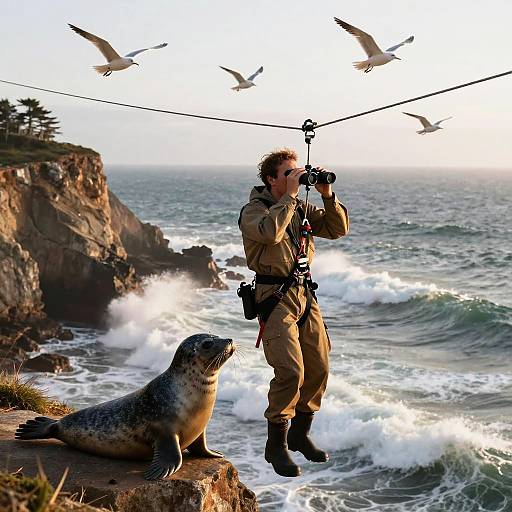Coastal Ranger Zip-lining to Rescue Seal