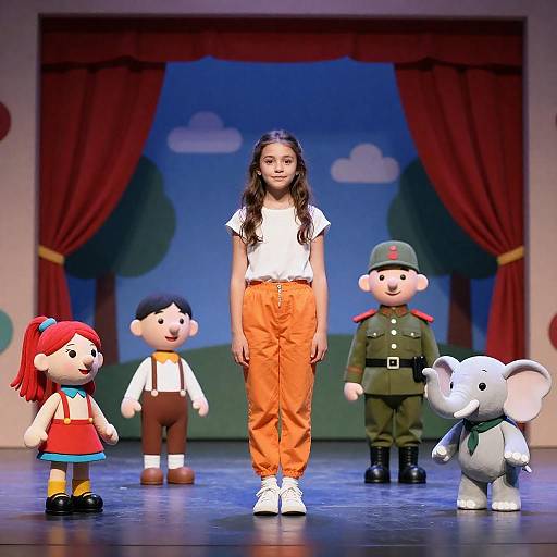 Young Girl Center Stage with Puppets