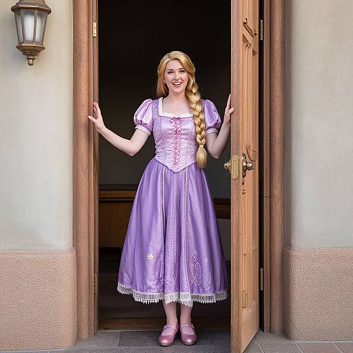 Photograph of a smiling blonde woman in a lavender Disney-style Cinderella dress, standing in an open wooden door, with a vintage lantern on the left