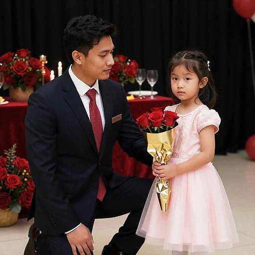 Elegant Interaction: Man, Girl, and Roses